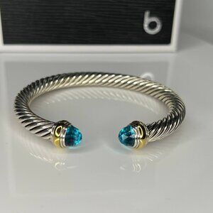 Authentic DAVID YURMAN Blue Topaz Cable Bracelet MEDIUM Sterling Silver and Gold